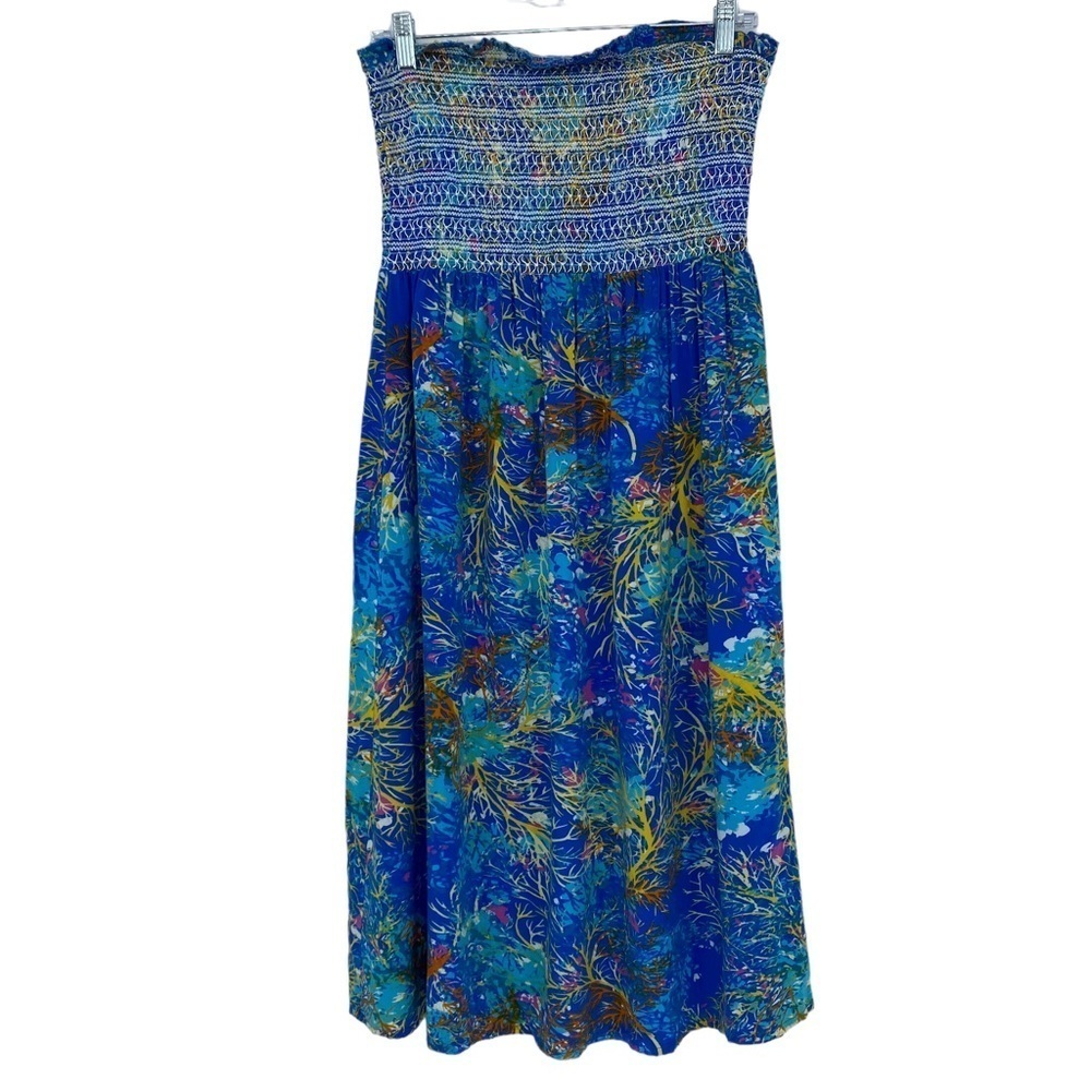 Sunny Oceans blue colorful coral print strapless coverup dress, M